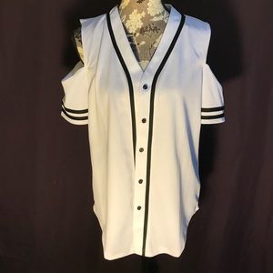 Open shoulder jersey button down shirt